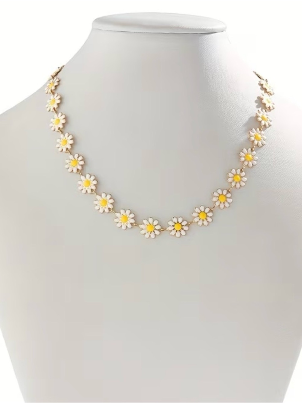 Gold-Tone Daisy Necklace with White Petals and Yellow Centers